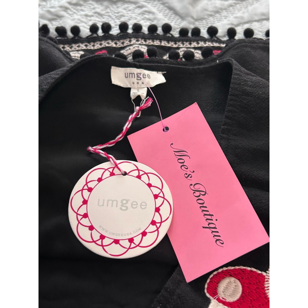 Umgee Black Multicolor Embroidered Mini Skirt Birds Pom Trim Sz L NWT - Picture 10 of 13